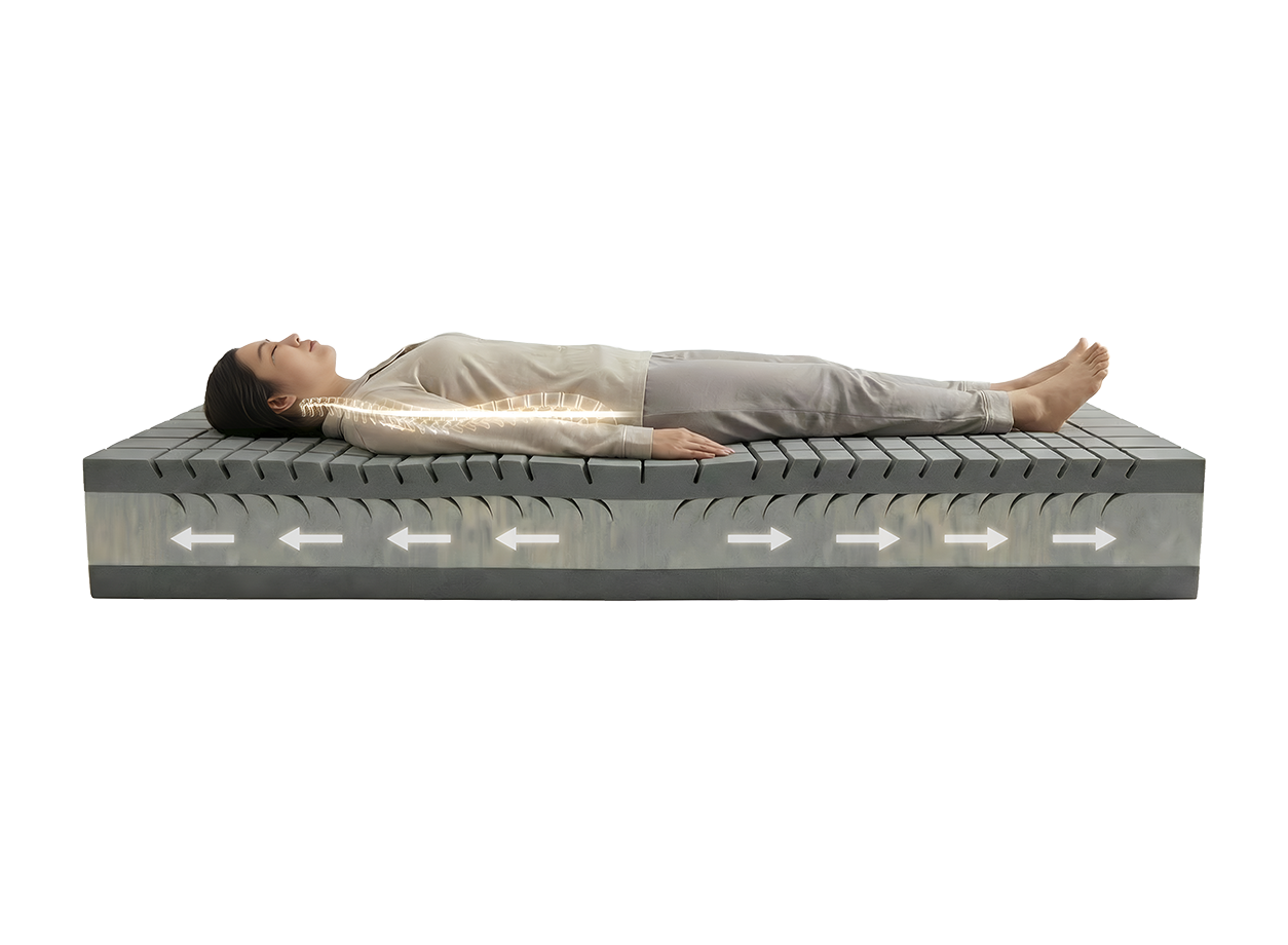 DIAMOND STRETCH, ilustrace ležení na profilovaném jádru se šipkami protahovacího efektu.