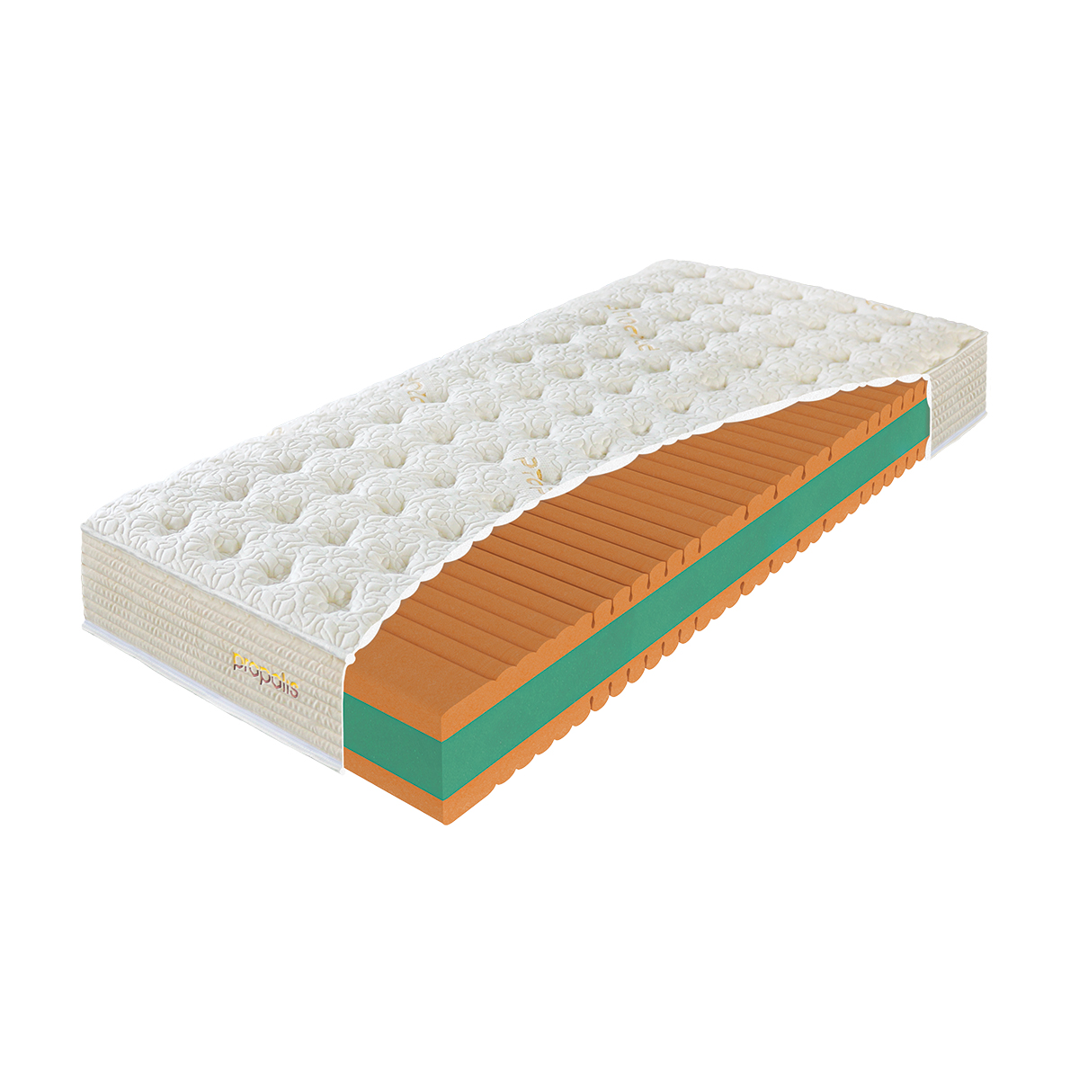 Matrace PROPOLIS COMFORT, celkový pohled s odkrytým řezem profilovaným pěnovým jádrem a bílým potahem.